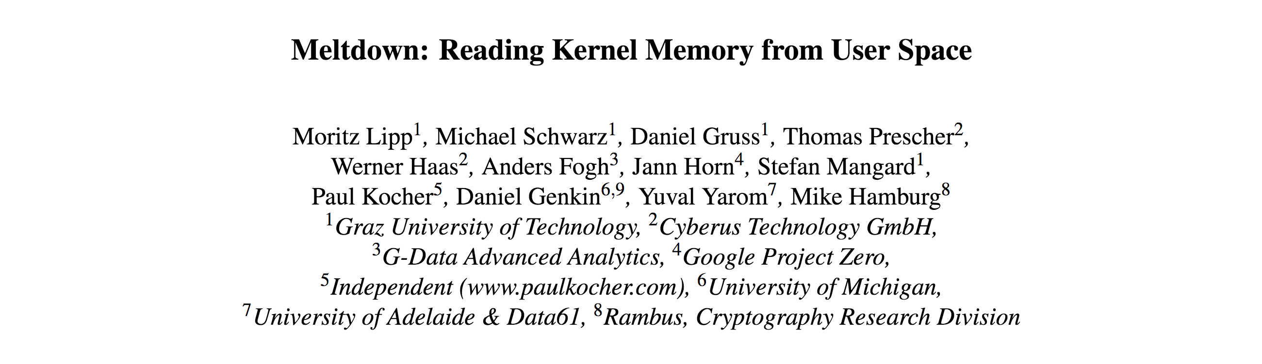 Meltdown: Reading Kernel Memory from User Space.
